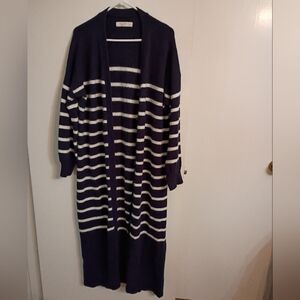 LOFT Navy and White Striped Full Length Cardigan Sweater Size XL